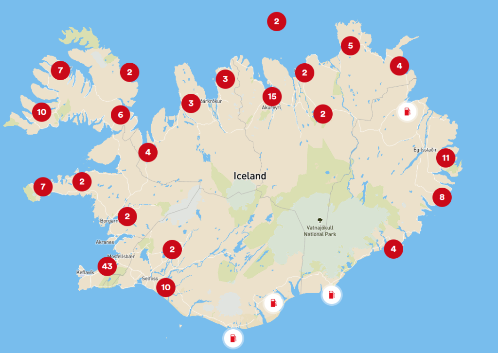 iceland N1 gas station map