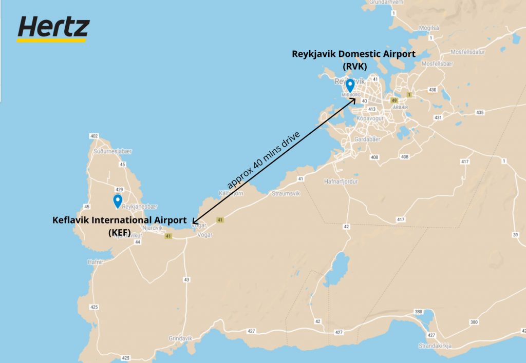 distance entre l'aéroport de KEF et l'aéroport de RVK en Islande