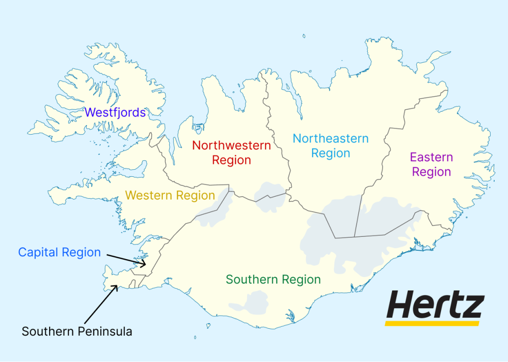 une carte montrant la division des régions d'Islande