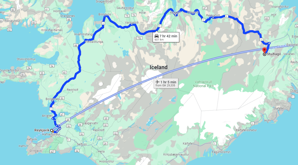 Itinéraire de Reykjavik an canyon de Studlagil