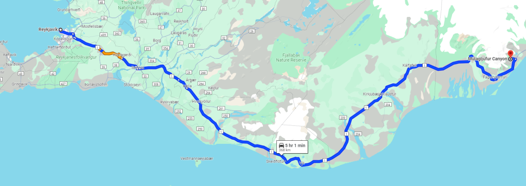Itinéraire de Reykjavik jusqu’au canyon de Múlagljúfur