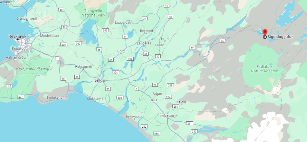 Localisation du canyon de Sigöldugljúfur en Islande
