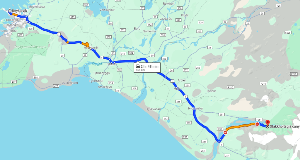 Itinéraire de Reykjavik jusqu’au canyon de Stakkholtsgjá