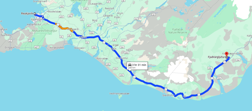 Itinéraire de Reykjavik jusqu’au canyon de Fjaðrárgljúfur