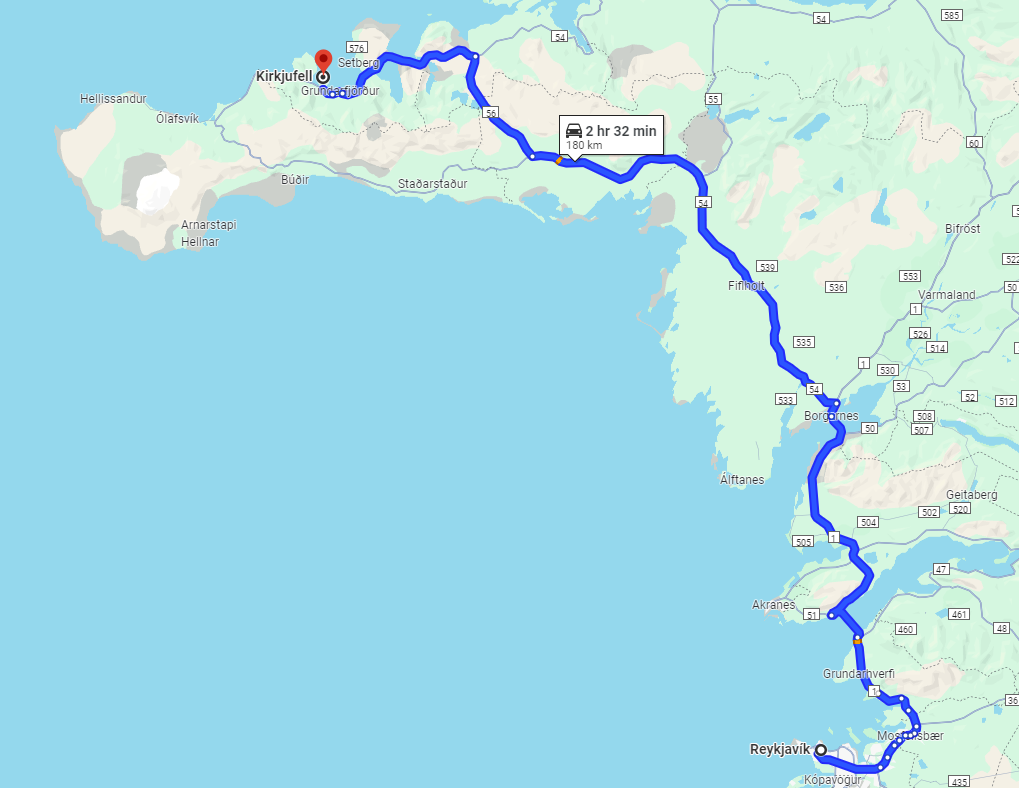 itinéraire de Reykjavik à la montagne de Kirkjufell