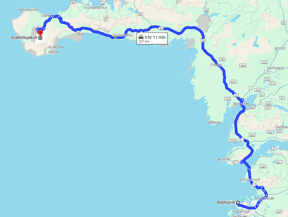de Reykjavik à la montagne de Snæfellsjökull dans la péninsule de Snæfellsnes