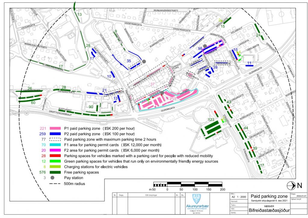 Mappa delle aree di parcheggio a Akureyri aggiornata al 2025