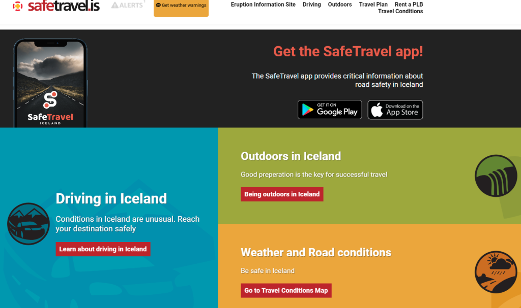 Pagina del sito web e app di guida in Islanda Safetravel.is