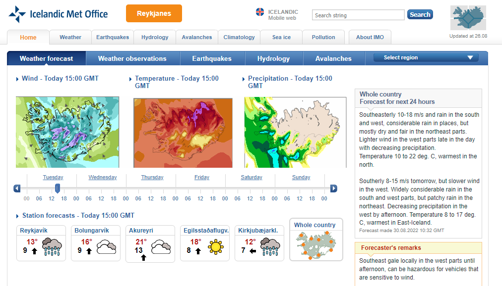 Homepage del sito ufficiale del meteo in Islanda Verdur.is