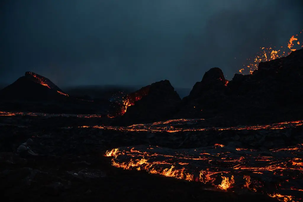 the erupting volcano at night in Iceland