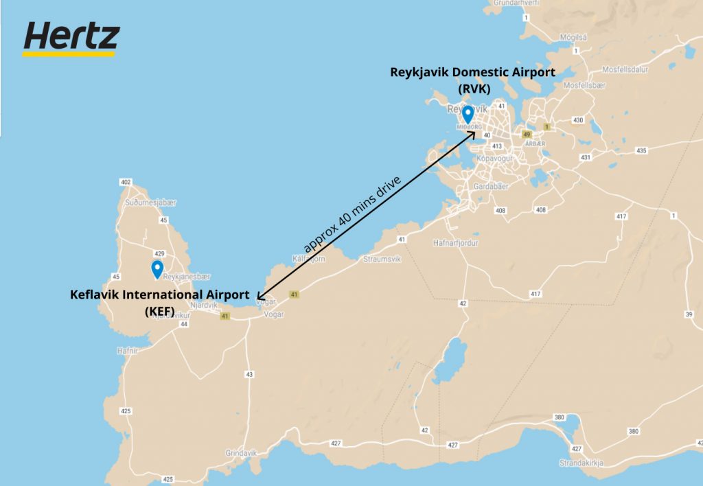 distance between KEF airport and RVK airport iceland