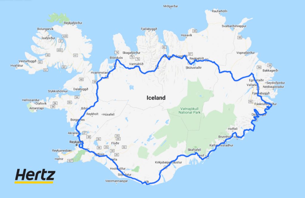the route map of Iceland route 1 ring road