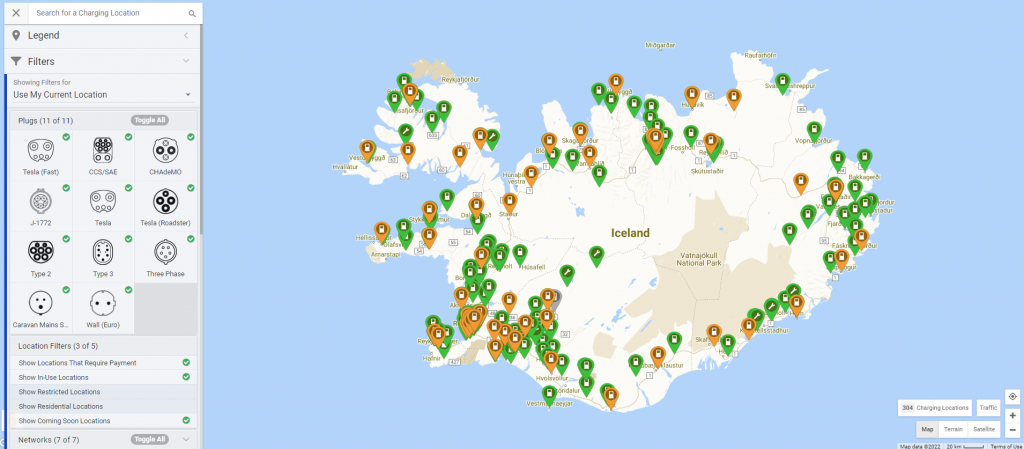 a lot of charger for Tesla are available across Iceland