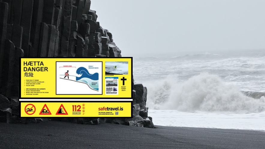 warning sign is set up in the black sand beach 