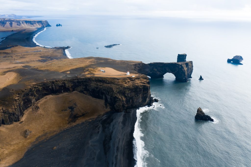 the drone view of Dyrholaey of south iceland in May