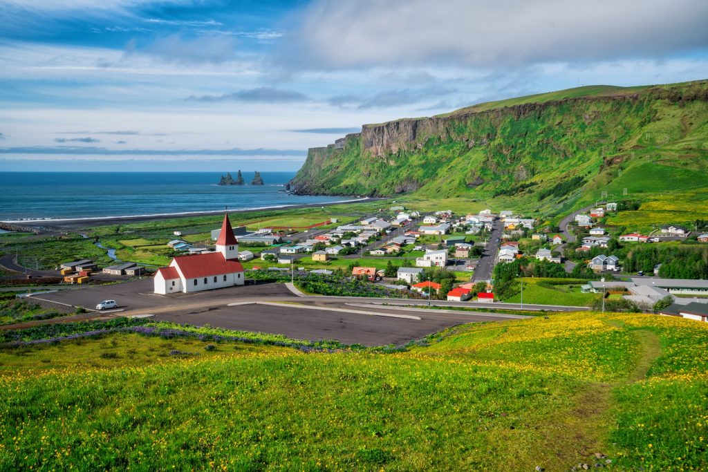 the summer view of the southest town in Iceland, Vik