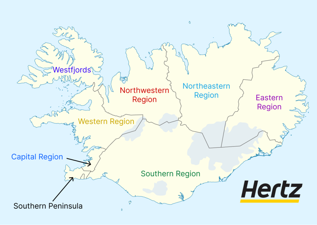 a map showing How iceland is divided into different regions