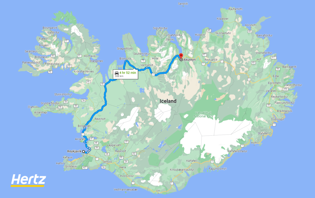 the route from Reykjavik to Akureyri iceland takes about 5 hours in total