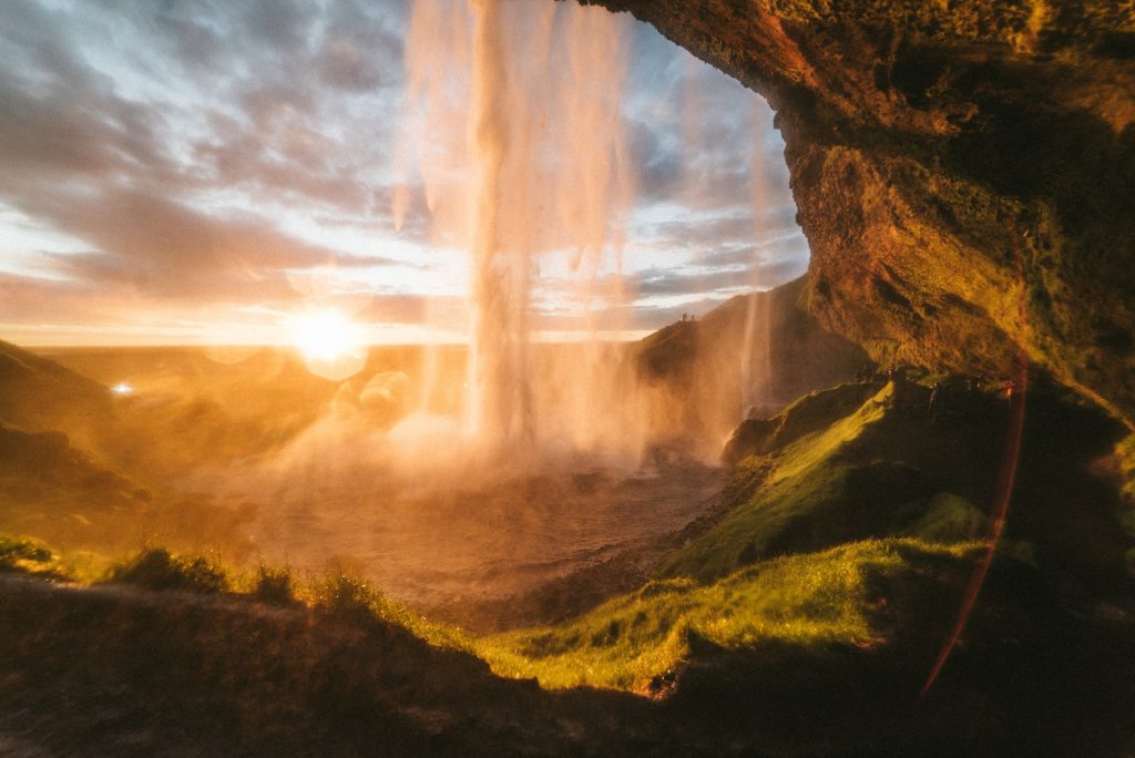 the sunset view at the Seljalandsfoss waterfall iceland