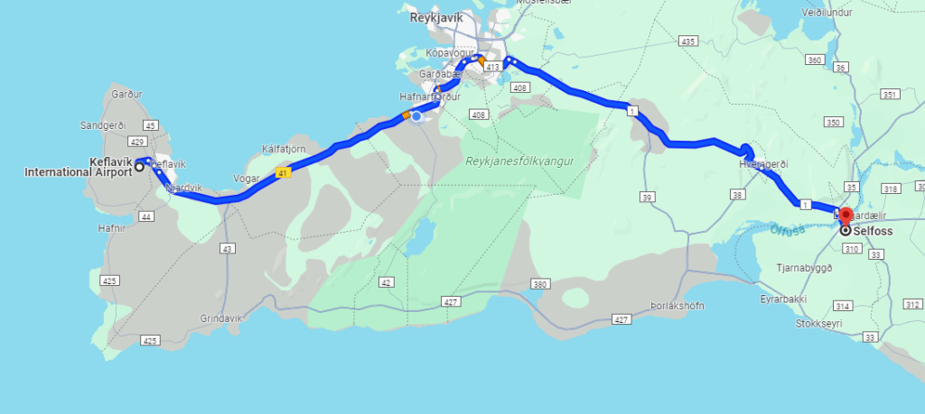 from KEF international airport to selfoss iceland town