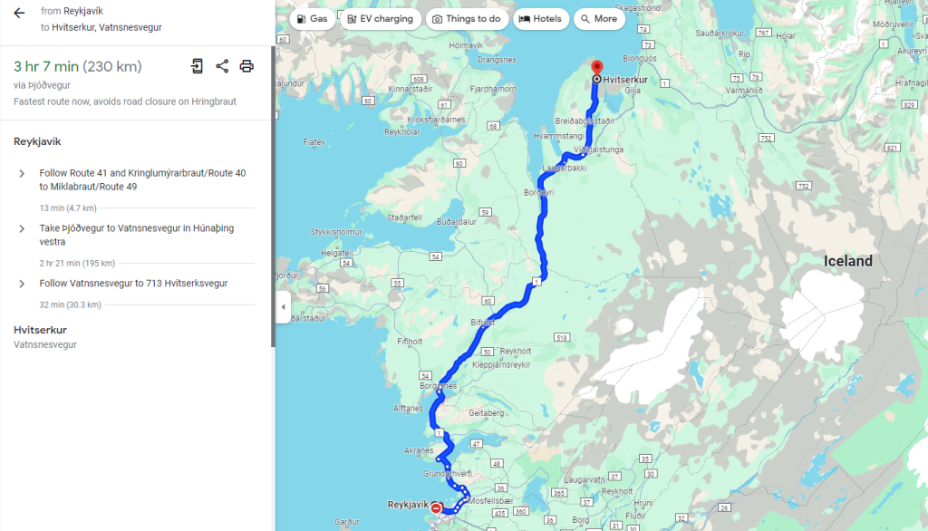 The Route from Reykjavik to Hvitserkur map