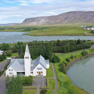 the drone view of the town selfoss in Iceland south
