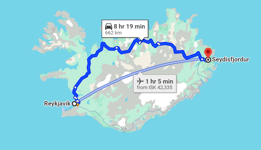 from Reykjavik to Seydisfjordur by car and flight
