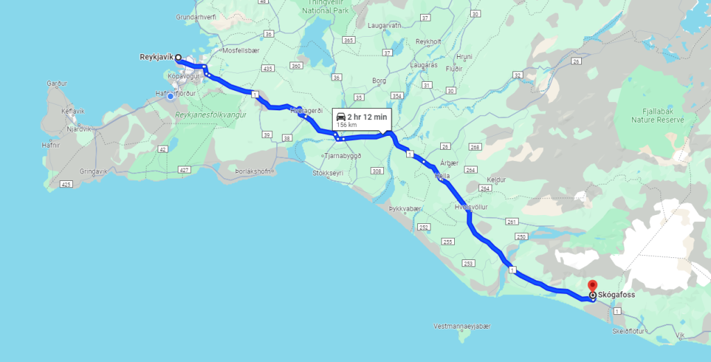 route from Reykjavik to Skogafoss in Iceland is about 156 km long