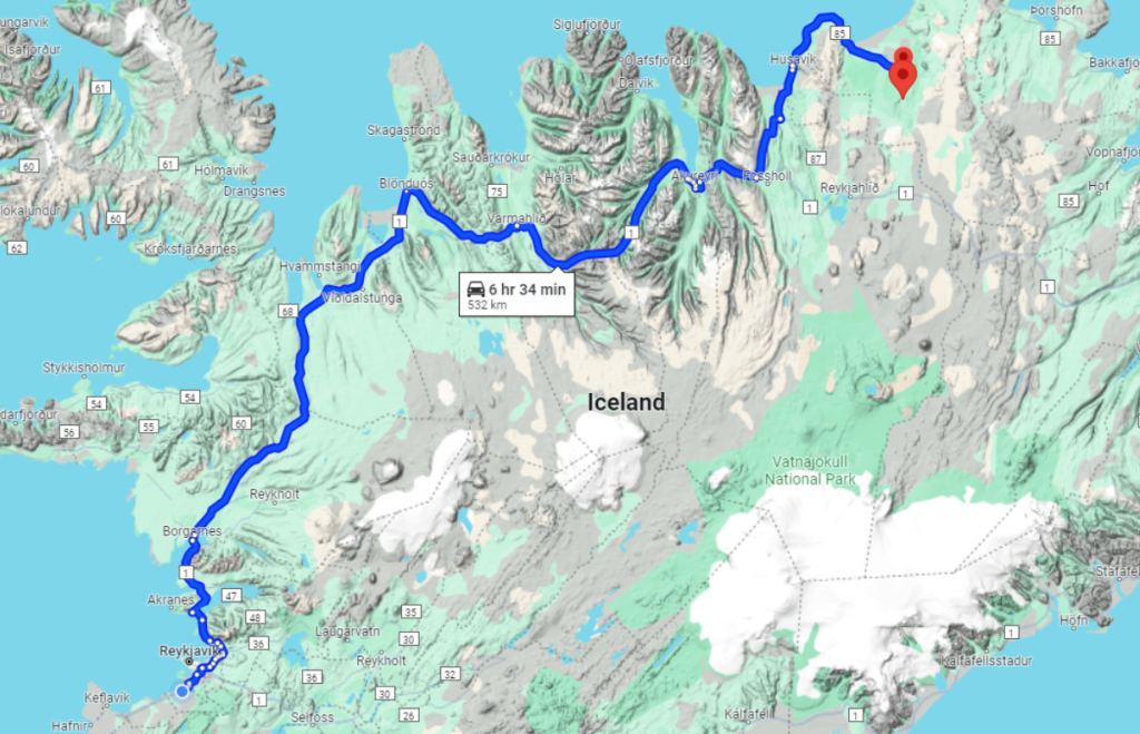 route from reykjavik to asbyrgi canyon
