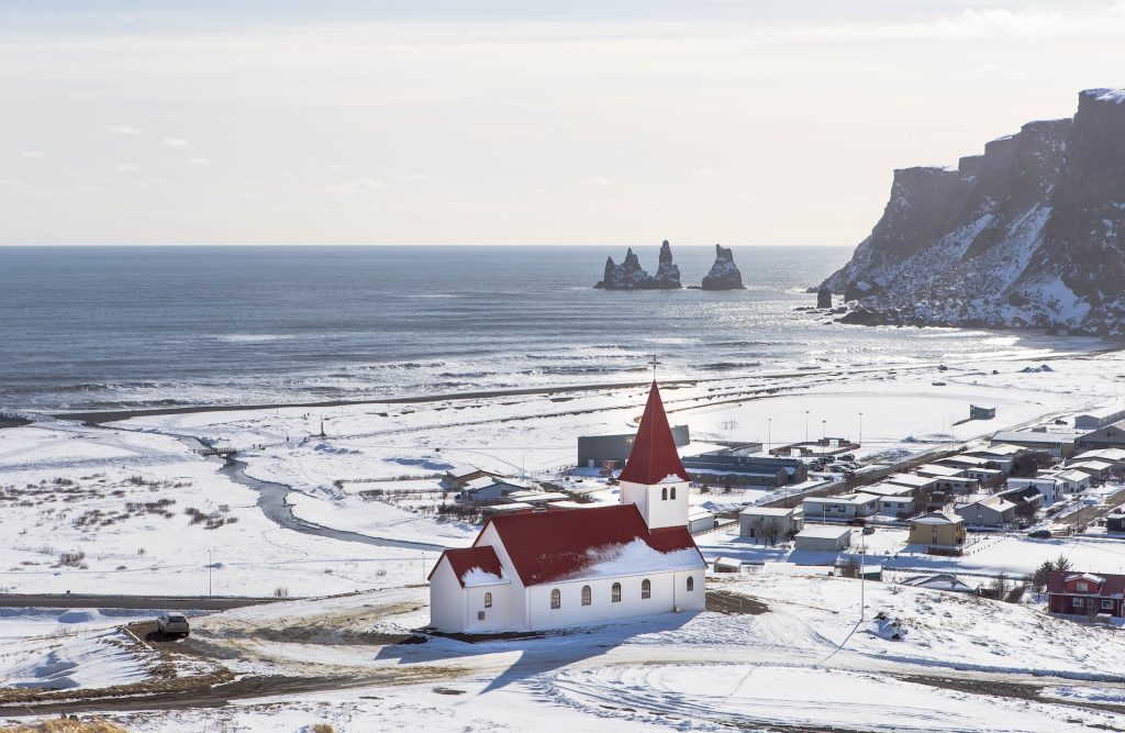 winter view at the town of Vik