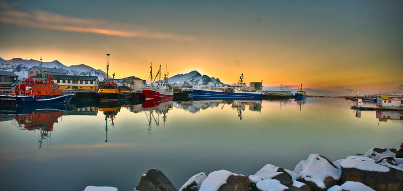 a view from the harbor of Hofn town