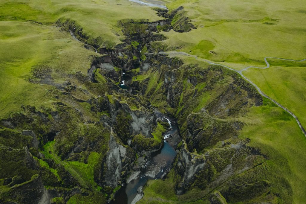 a drone view of Fjadrargljufur canyon