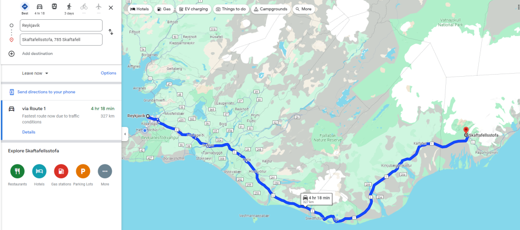 Route from Reykjavik to the Skftafell visitor centre 