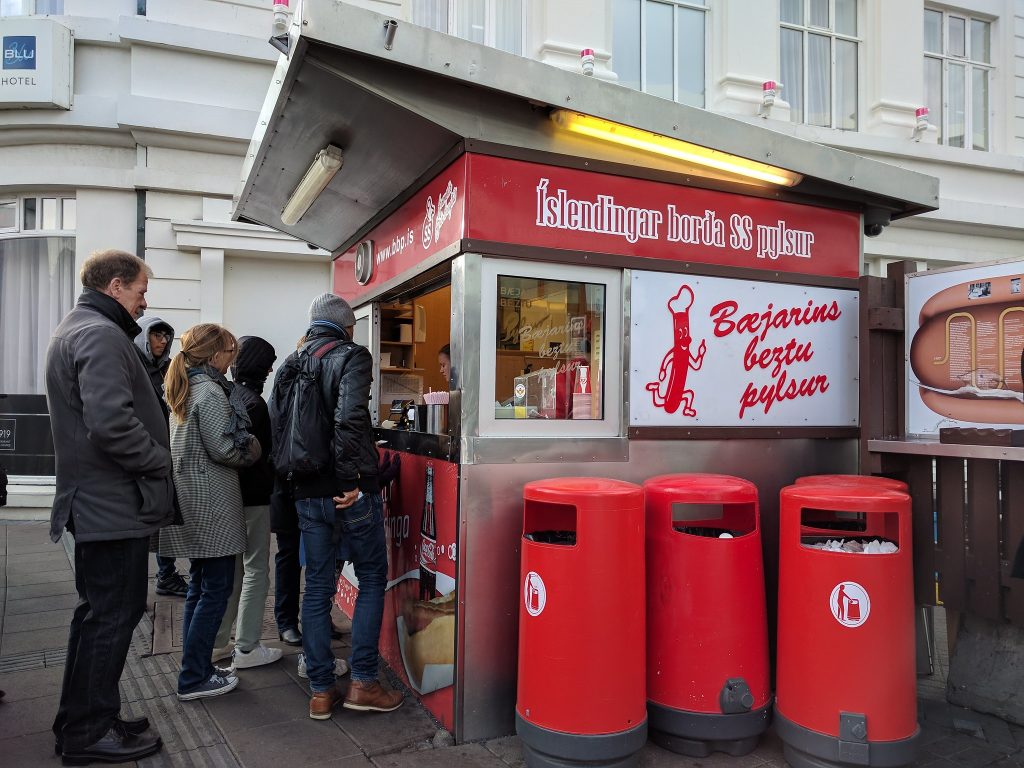 you will always see a queue at the famous hot dog stand in Iceland