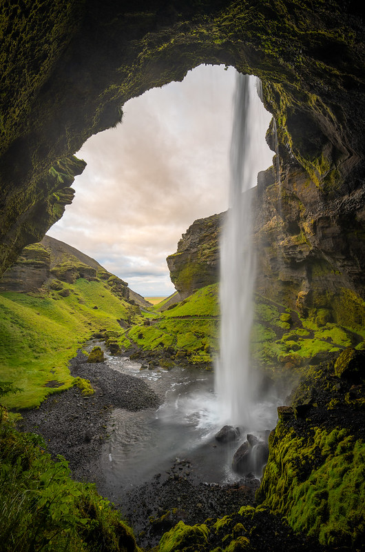 the view from Kvernufoss behind the waterfall