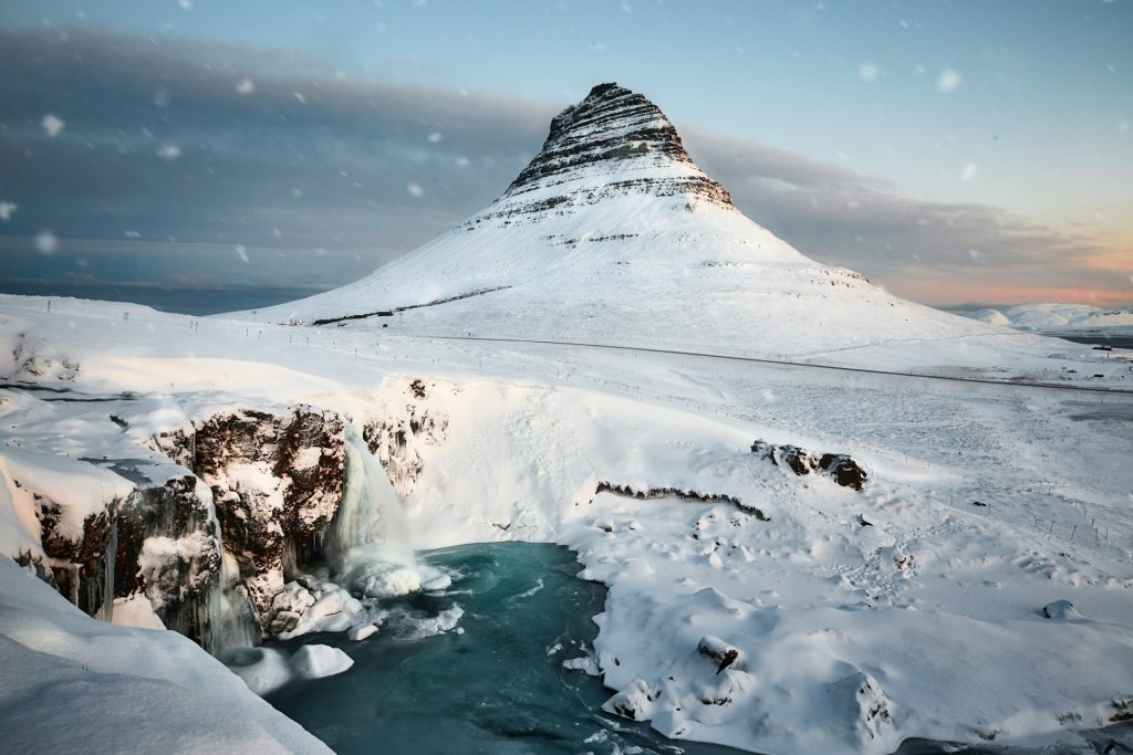 the snowy view of Kirkjufell Snaefellsnese Iceland