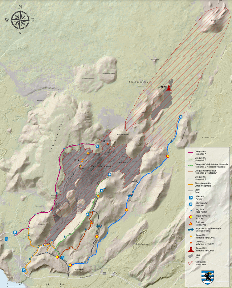 A map showing all 3 past volcano eruption