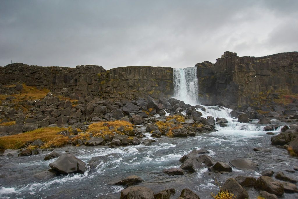 oxararfoss waterfall is located in thingvellir National Park