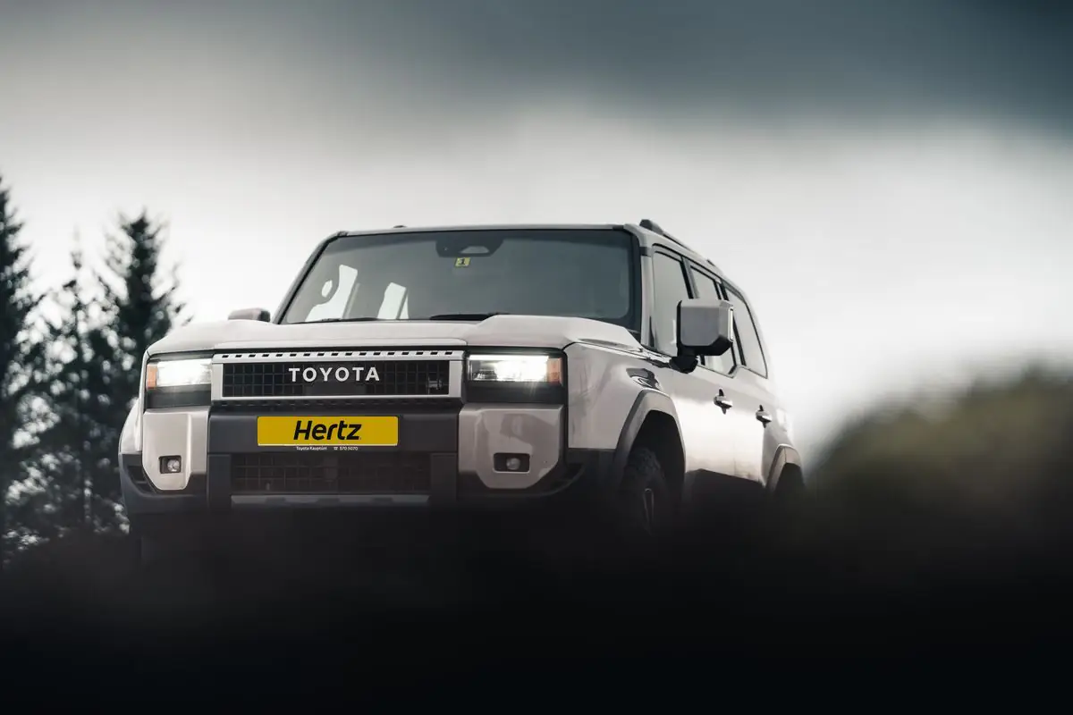 Toyota Land Cruiser 250 from Hertz Iceland on a misty road