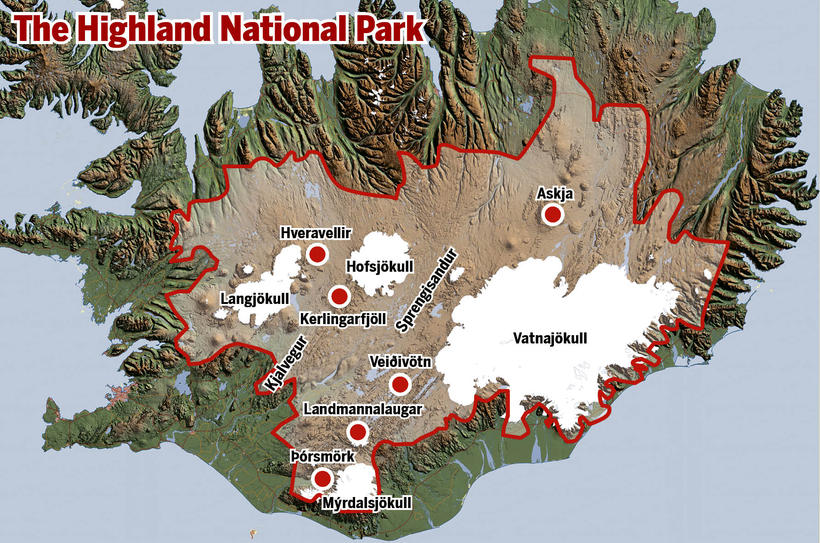 冰島中央高地區域範圍地圖